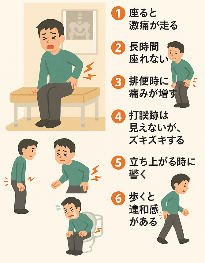 尾てい骨骨折の主な症状イラスト